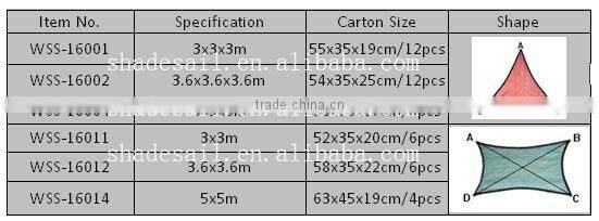 3.6x3.6x3.6M Polyester Material Shade Sails for outside appilication,breathable fabric with many colors