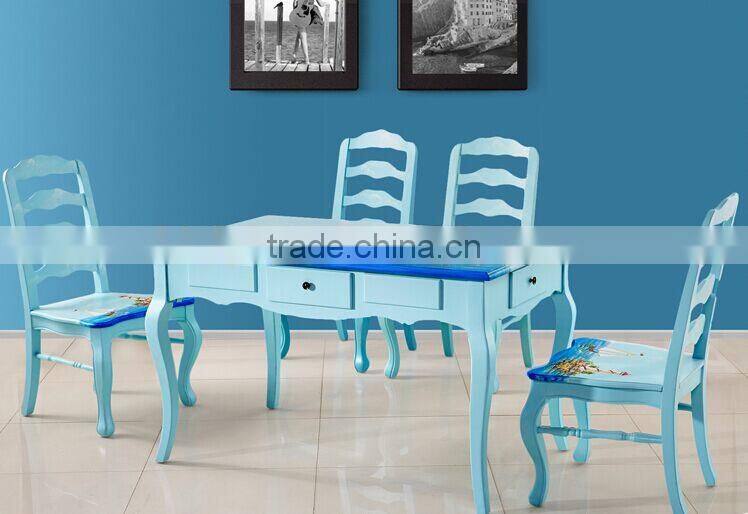 Mediterranean Style Dining Set, Sailing Boat Handpainting Dining Table with 4 Chairs, Wooden Dining Room Furniture (BF01-X1154)