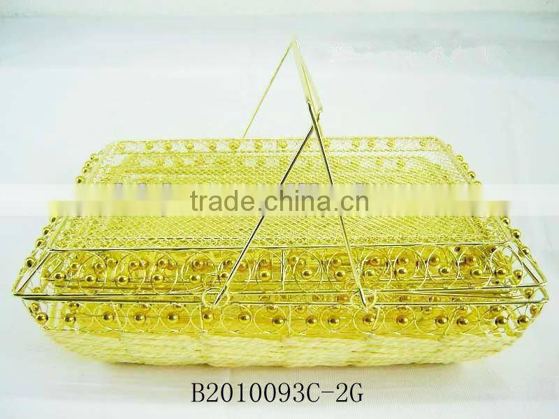 Golden metal wire and paper rope rectangle fruit storage basketry