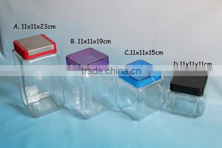 3 sizes clear square glass cookie jars wth blue lid