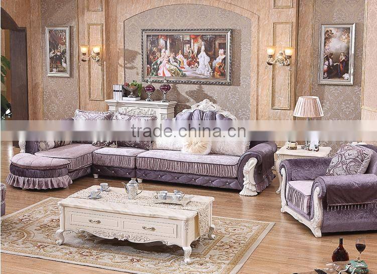 M868 Home Use High Class Living Room Furniture European Classical Wooden Fabric Sofa with Lounge Chaise