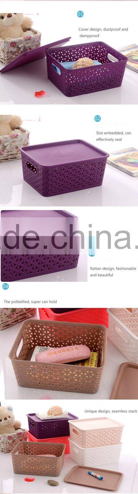 Rattan Laundry Plastic Basket Sundries Storage with lid & handle