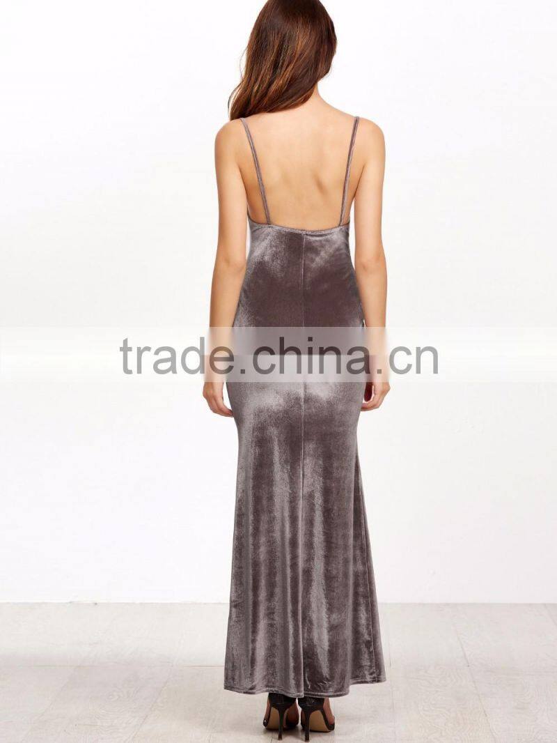 New Sexy Velvet Cami Dresses Slip Backless Spaghetti Strap Maxi Evening Party Dress