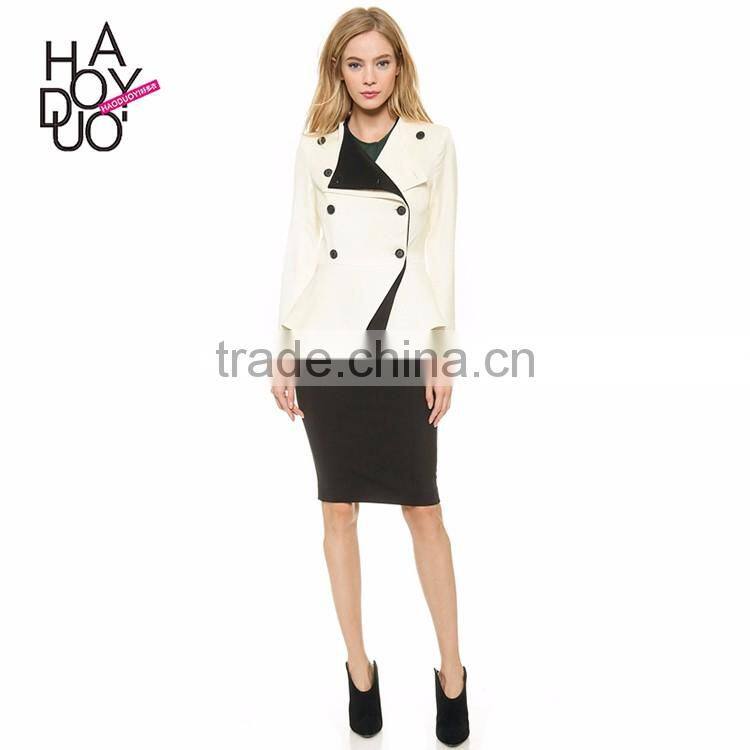 HAODUOYI Women White Color Block Button Front Asymmetrical Blazer