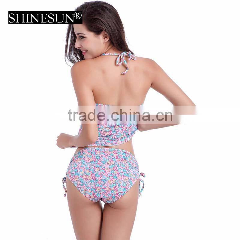 2017 hanging neck triangle split high waist cover belly swimwear plus size conservative bikini