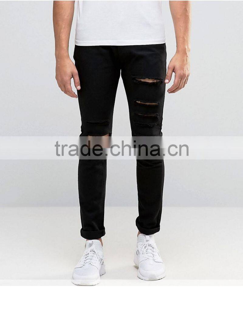 2016 Mens Stretch Skinny Jeans Distressed Denim Jeans In Black