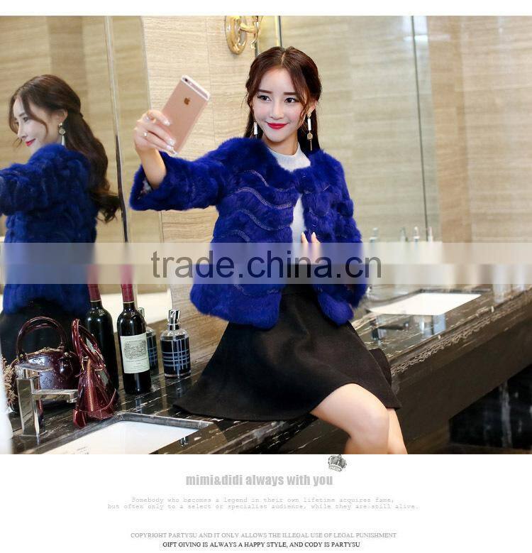 2016 New Women's Fashion Imitation real Rabbit Fur Nine Quarter Sleeve O-neck Wide Strips Short Jacket Coat