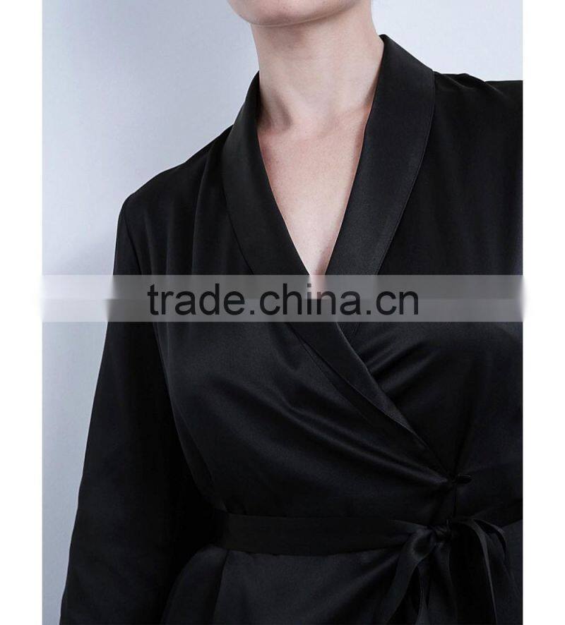 Customize ladies luxury silk full length robe, long sleeve dressing gown, black lapels long length dressing robe