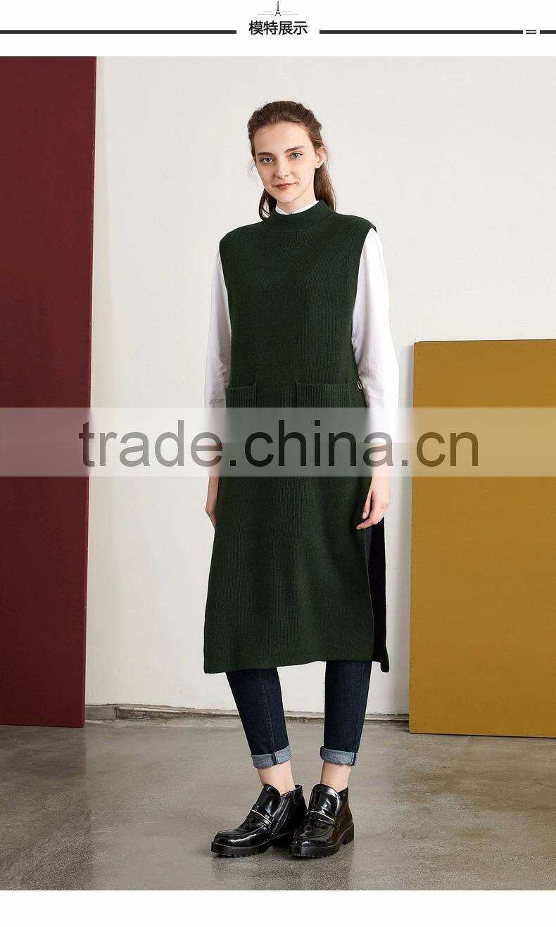 2017 new design women green color Vest sweater Stand collar side vent sweater