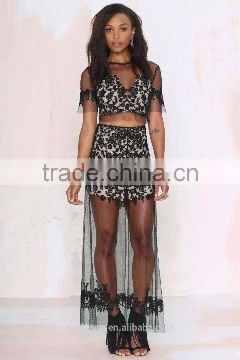 Slim front lace see through floral print latest long skirt design