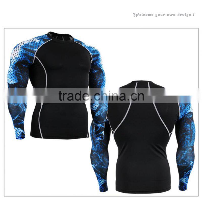 Mens fit slim tee shirt compression t-shirt boys design printing sexy cycling wear man long gym t-shirt