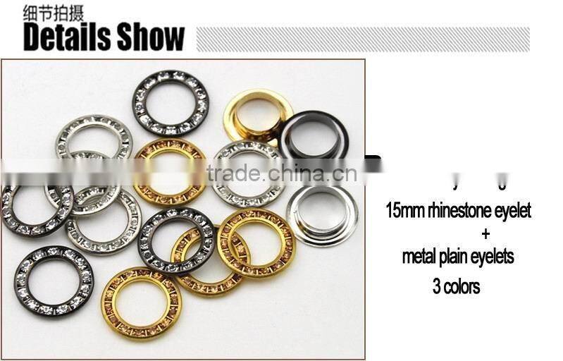 3 colors 15mm round metal brass rhinestone eyelets crystal diamond grommets glass eyelets RE-15mm-001