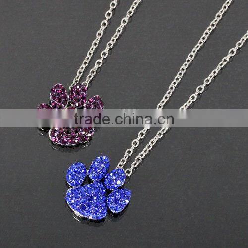 2015 fashion paw print necklace factory price colorful crystal paw print charm necklace