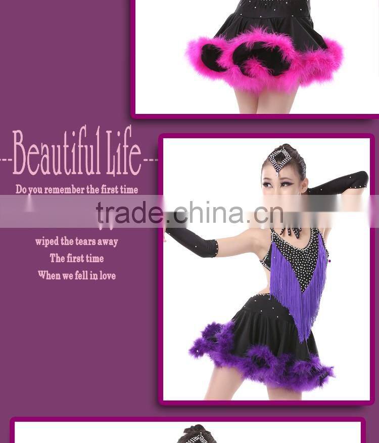 Kid Girl Sexy Open Back Feather Fringed Latin Dance Dresses Child Elegant Salsa Rumba Ballroom Dress