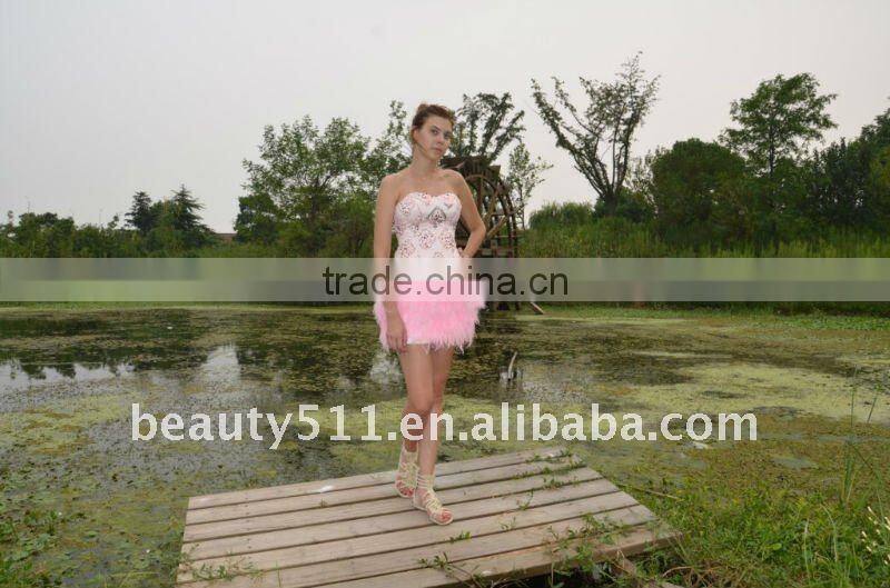 Astergarden Real Photo Pink Beading Short Strapless Feather Dress AS140