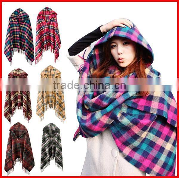 2015 top selling plaid checked winter acrylic cashmere poncho