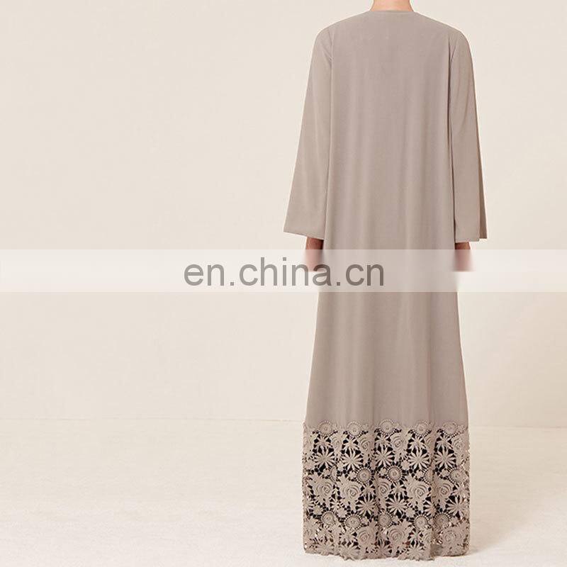 2017 Latest Design Burqa Muslim Girls Clothes Open Front Cardigan Abaya Grey Color Kimono With Lace Hem