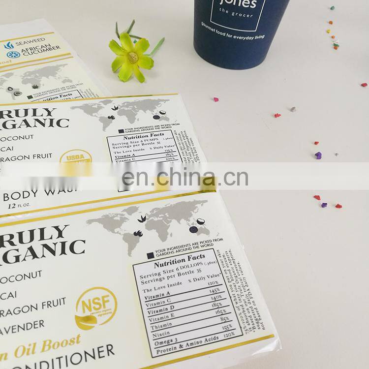 Cheap price organic food bottle labels sticker plastic sticker with gold stamping