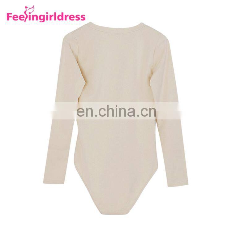 Apricot Color Bandage V Neck Winter Womens Bodysuit Long Sleeve Rompers Jumpsuits