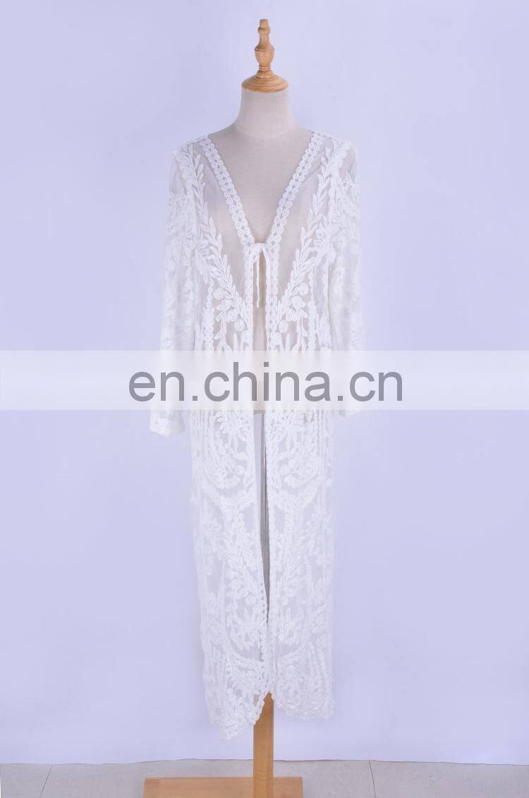 Sexy See Through Three Quarter Sleeve Long Kimono Cardigan Plus Size Women Beachwear Tops And Blouse Shirts Lace Pareo