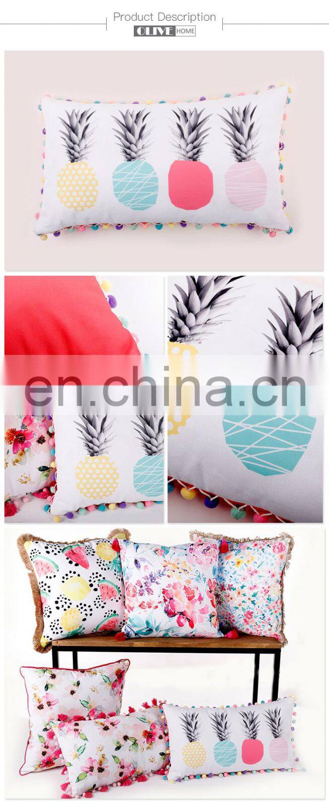 Pineapple Digital Print Pillows Decorative Cushion Covers Pillowcases With Pompom