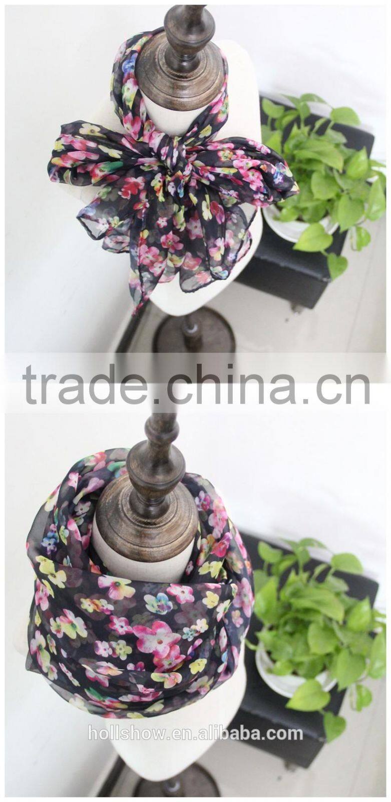 Hot Selling Charm Beautiful Small Flower Printed Polyester Long Fashion Girls Scarf