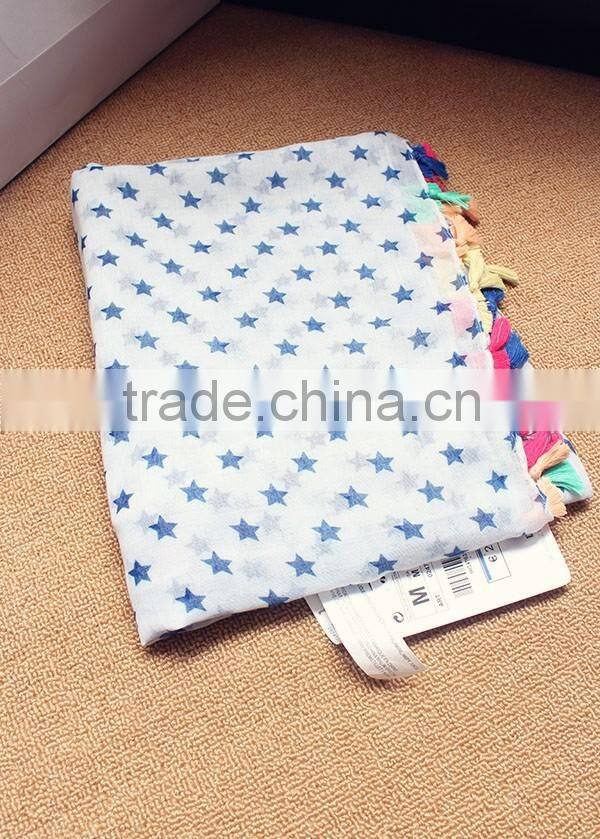 Hot Selling Korean Navy Star Printed Colorful Tassels Fashion Ladies Scarf