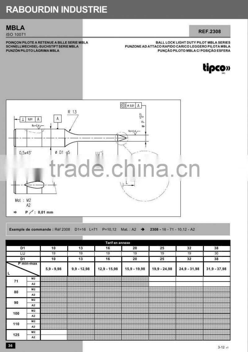 Rabourdin MBLA standard ISO 10071 ball lock light duty pilot punch