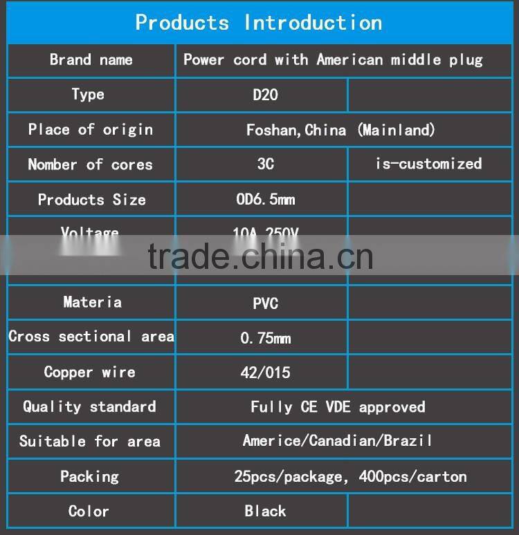 Power cord with American middle size plug socket