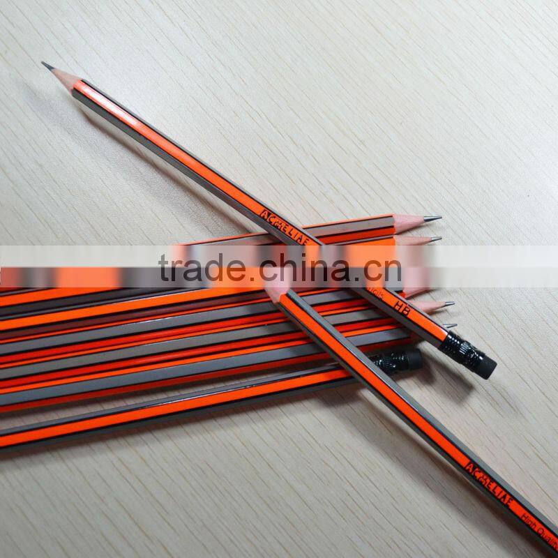 Standard size hexagonal shape neon orange and silver striped special graphite wood pencil sharpened with eraser