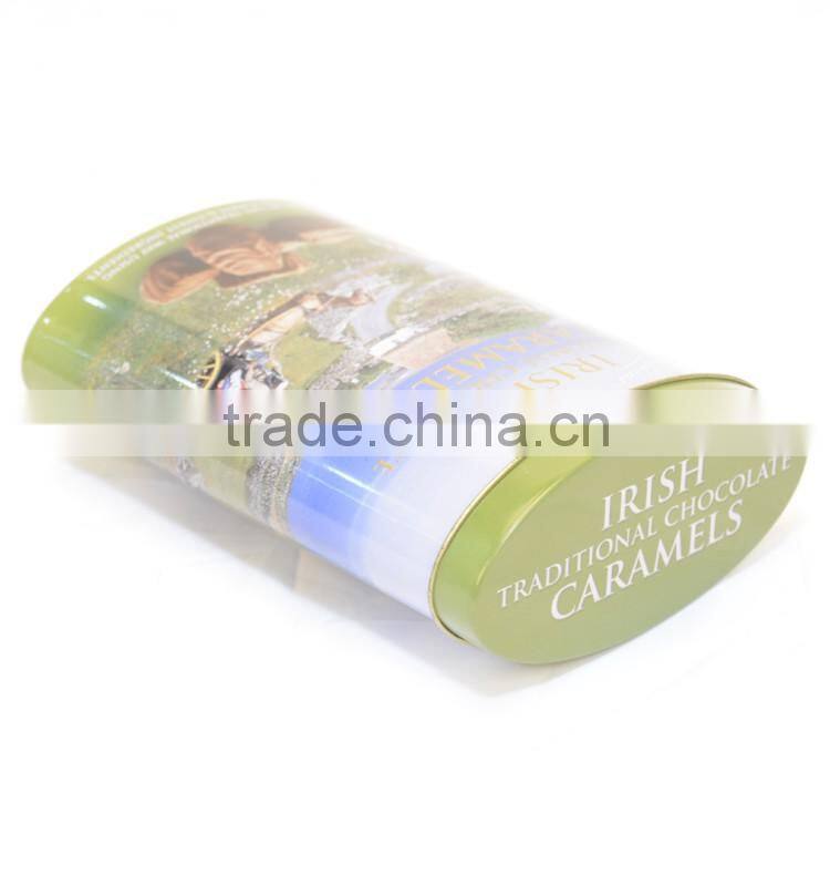 Oval metal tin box for delicious caramels packaging