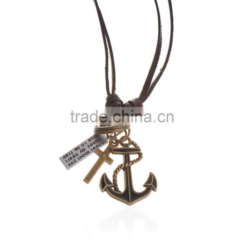 Genuine Leather Necklace with Antique Brass Anchor Pendant.