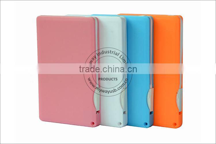 2014 bulk cheap ultra slim name card power bank with built-in cable