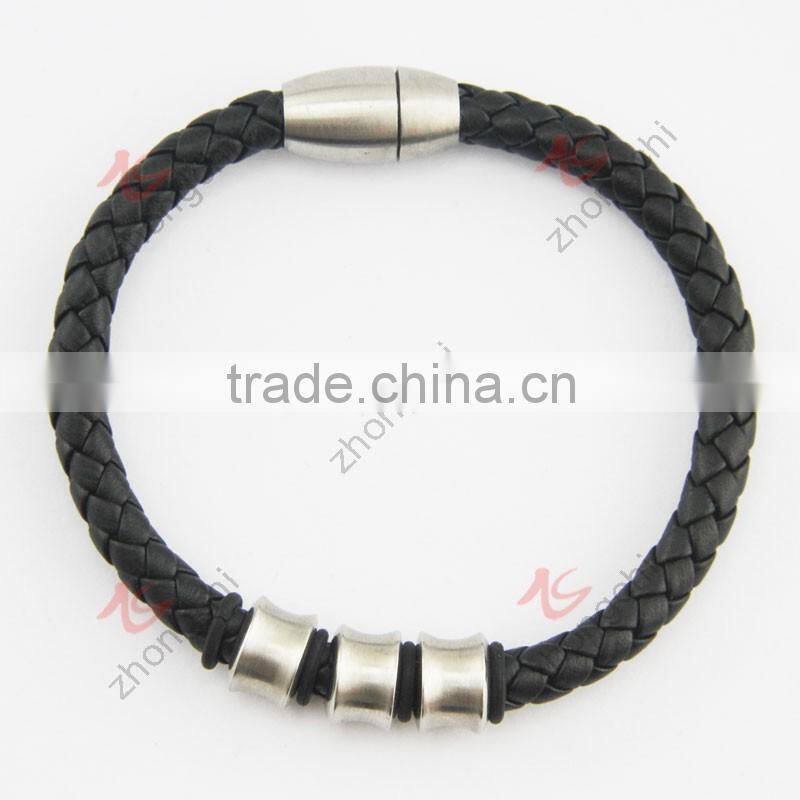 stainless steel magnet clasp with green leather braided cuff bangle