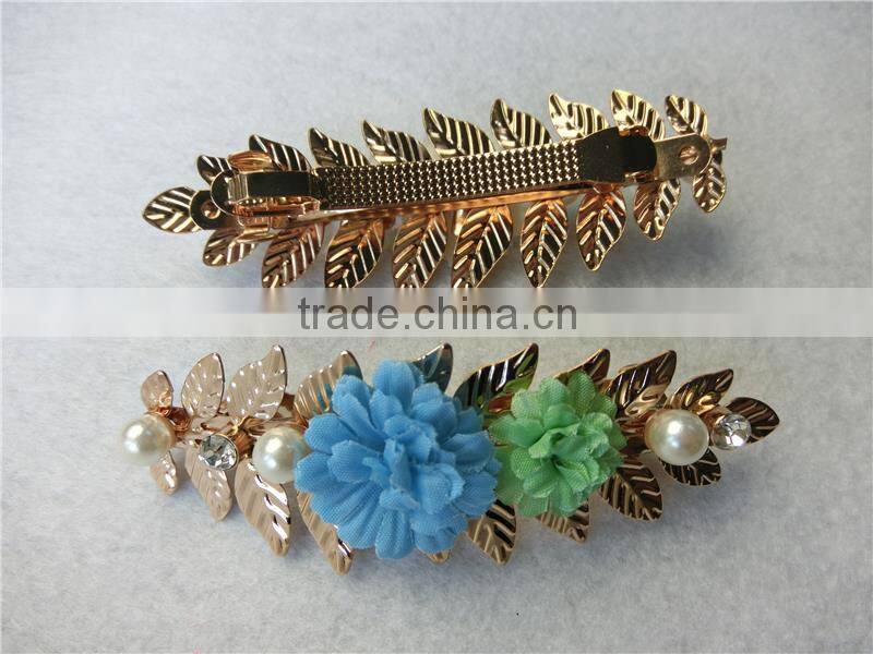 Baroque vintage old golden Metal leaves french hair clip women leather flower pearl hair accessories Fashion hair FHBAC2001-4
