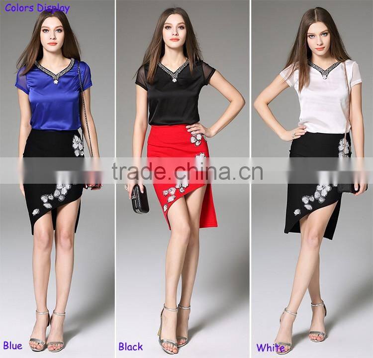 Ladies Crystal Beaded Necklace Design V Neck Tops Elegant Short Sleeve Slim Satin Mesh Patchwork Women Blouses 2016 Summer