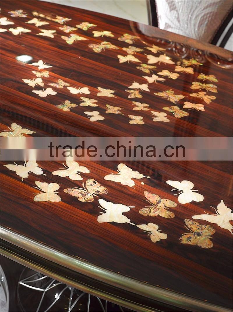 Elegant and Noble Butterfly Inlaid Oval Dining Table Set, Individual Design Antique Classic Six Seats Dining Table Set