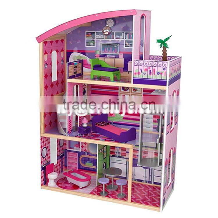 New style 3 floor girls pretend play wooden dollhouse cottage W06A224