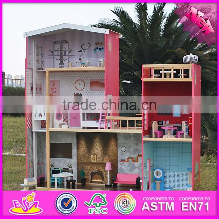 2016 new design full size children pretend play wooden uptown dollhouse with furniture W06A152