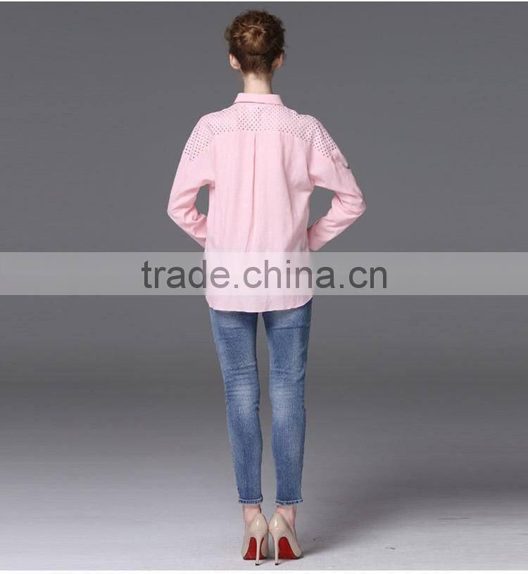 Beautiful Cutwork blouse 2015 trendy pink women chiffon blouse
