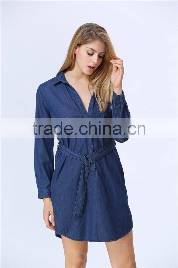 Fashionable Hot Sale Factory Price Long Sleeve With Waist Belt Women Denim Dress