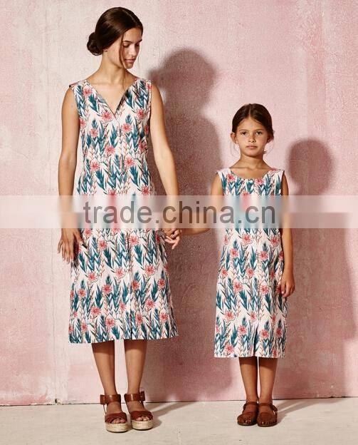 High quality summer flower printed mother daughter matching dress
