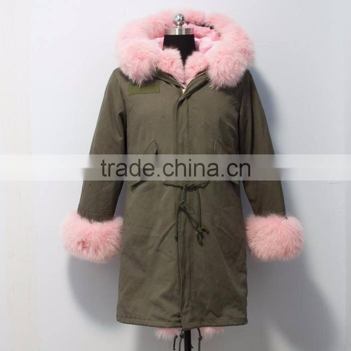 Myfur Baby Pink Thick Part Fox Fur Trimmed Luxury Ladies Fashion Long Parka