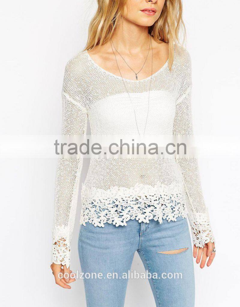 Women dropped shoulders lightweight fabric crochet top,crochet top fashion blouses 2015