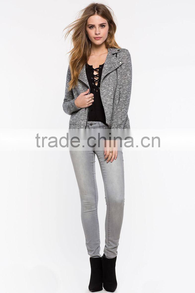 Fashion notch collars zip-up motocycle jacket winter woman jacket