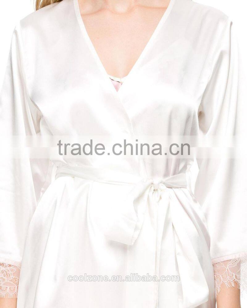 Fashion wrap front long sleeves robe relaxed fit silk robe with belt