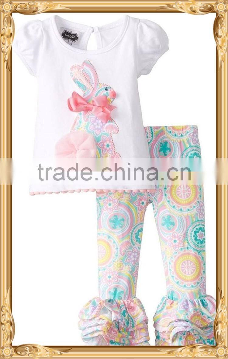 Boutique girl clothing spring and summer easter bunny outfits for toddler girls bunny top and floral triple ruffle pants sets