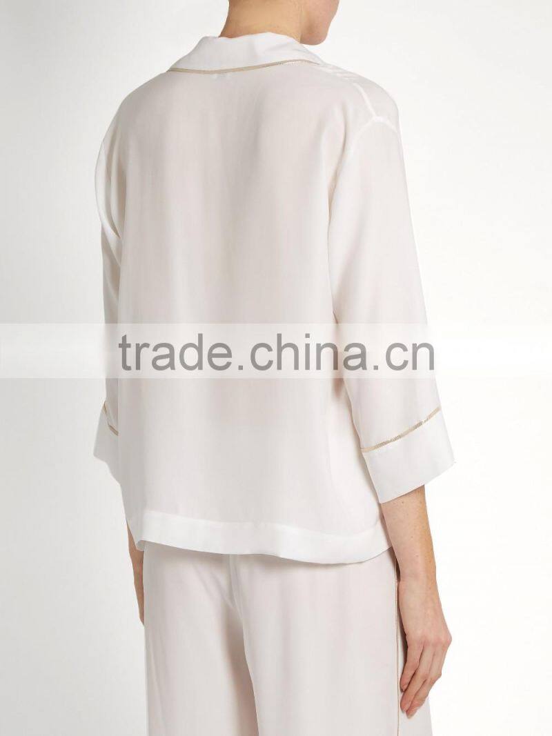 High Quality Shawl Collared White and Golden Color Contrasting Satin Sleepwear