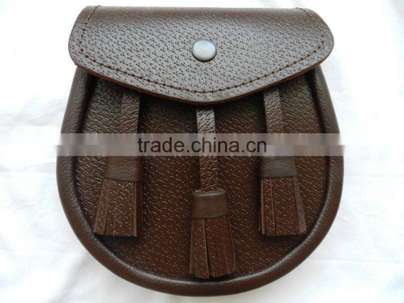 New Scottish Brown Three Tassel Leather Sporran For Kilt With Chain Belt