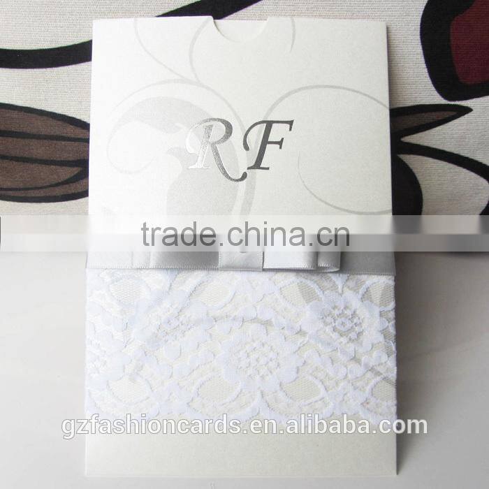 Luxury Custom Pocket Folds Lace Envelopes Invitation Cards Silver Wedding